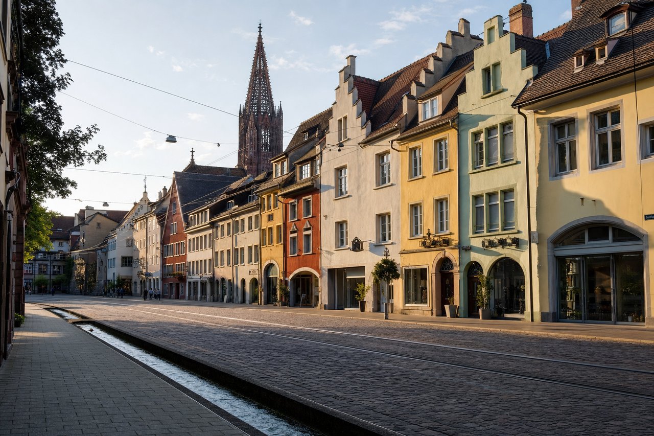 Altstadtstraße mit Bächle, bunten Giebelhäusern und gotischem Münsterturm, auf deren Schienen eine Straßenbahn heranfährt (mit AI erstelltes Bild)