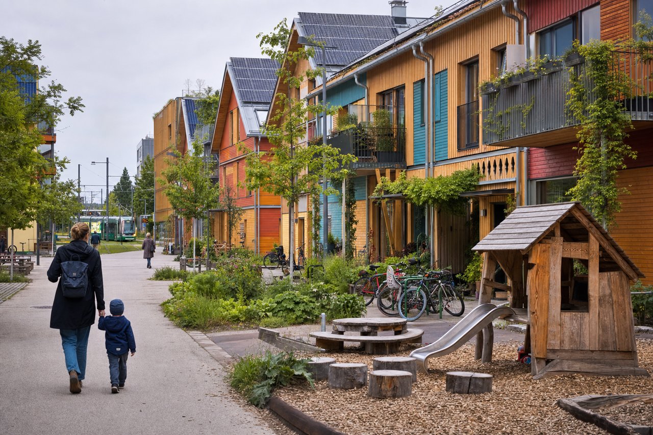 Autofreie Wohnstraße mit bunten Holzhäusern und Solaranlagen auf den Dächern (mit AI erstelltes Bild)