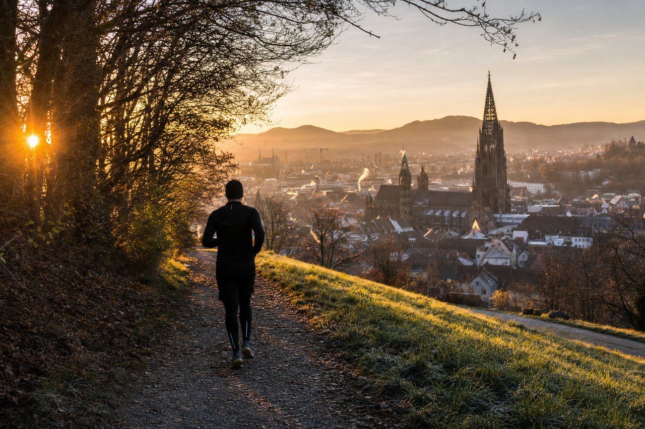 Blick vom Waldweg am Hang über die Altstadt mit dem Münsterturm bei Sonnenaufgang (mit AI erstelltes Bild)