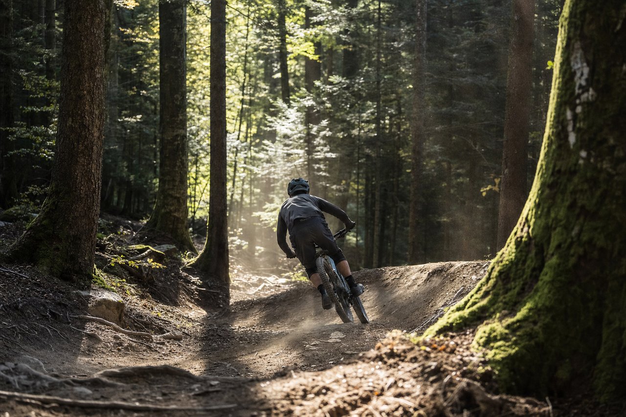 Mountainbiker auf einem Waldtrail im Schwarzwald (mit AI erstelltes Bild)