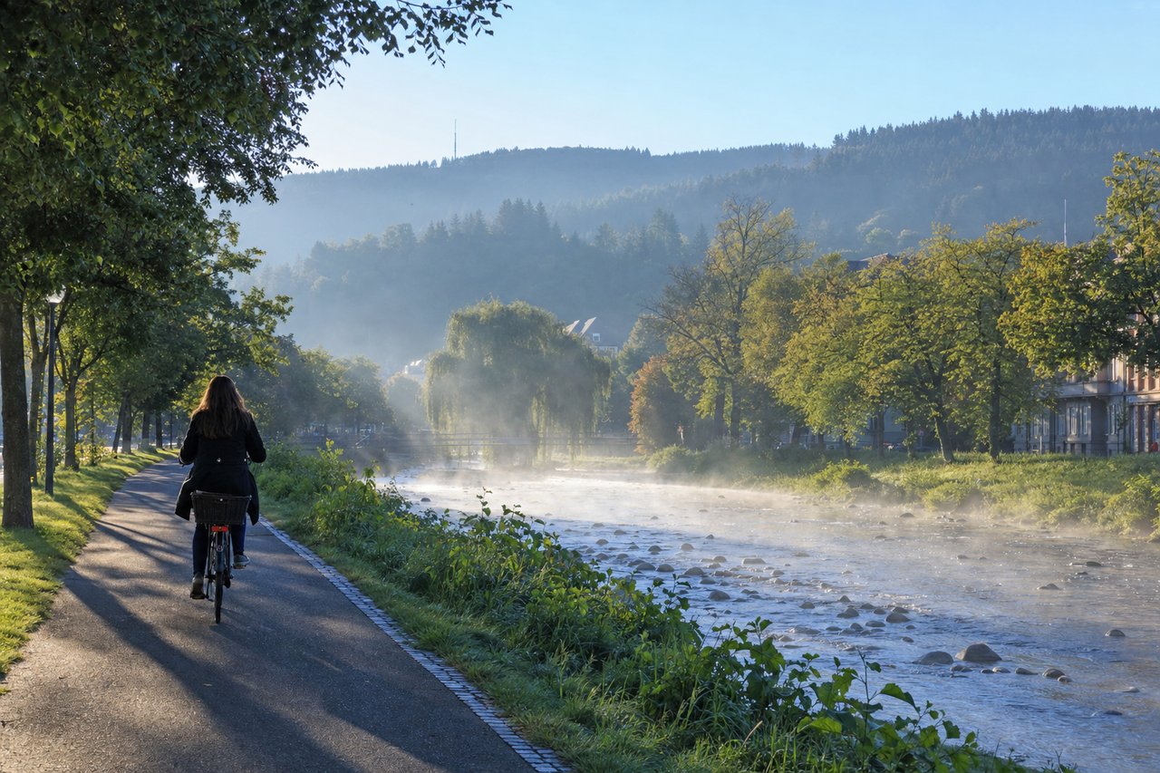 Radweg an einem Fluss im Grünen mit Schwarzwaldhügeln im Hintergrund (mit AI erstelltes Bild)