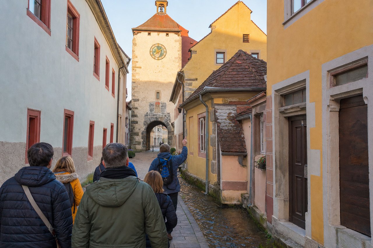 Kleine Gruppe bei einer Führung durch eine Altstadtgasse mit Bächle und Torturm (mit AI erstelltes Bild)