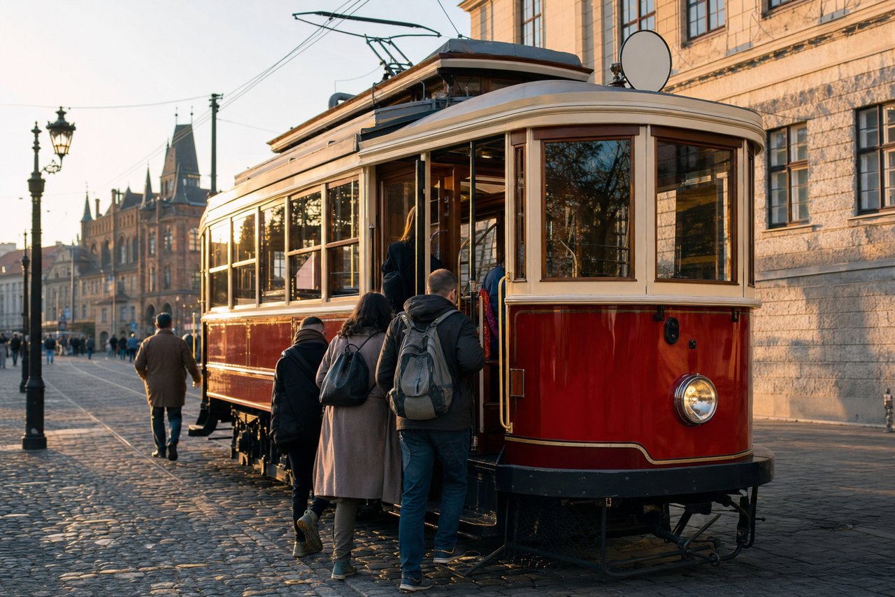 Restaurierte historische Straßenbahn in Creme und Rot an einer Haltestelle in der Altstadt (mit AI erstelltes Bild)