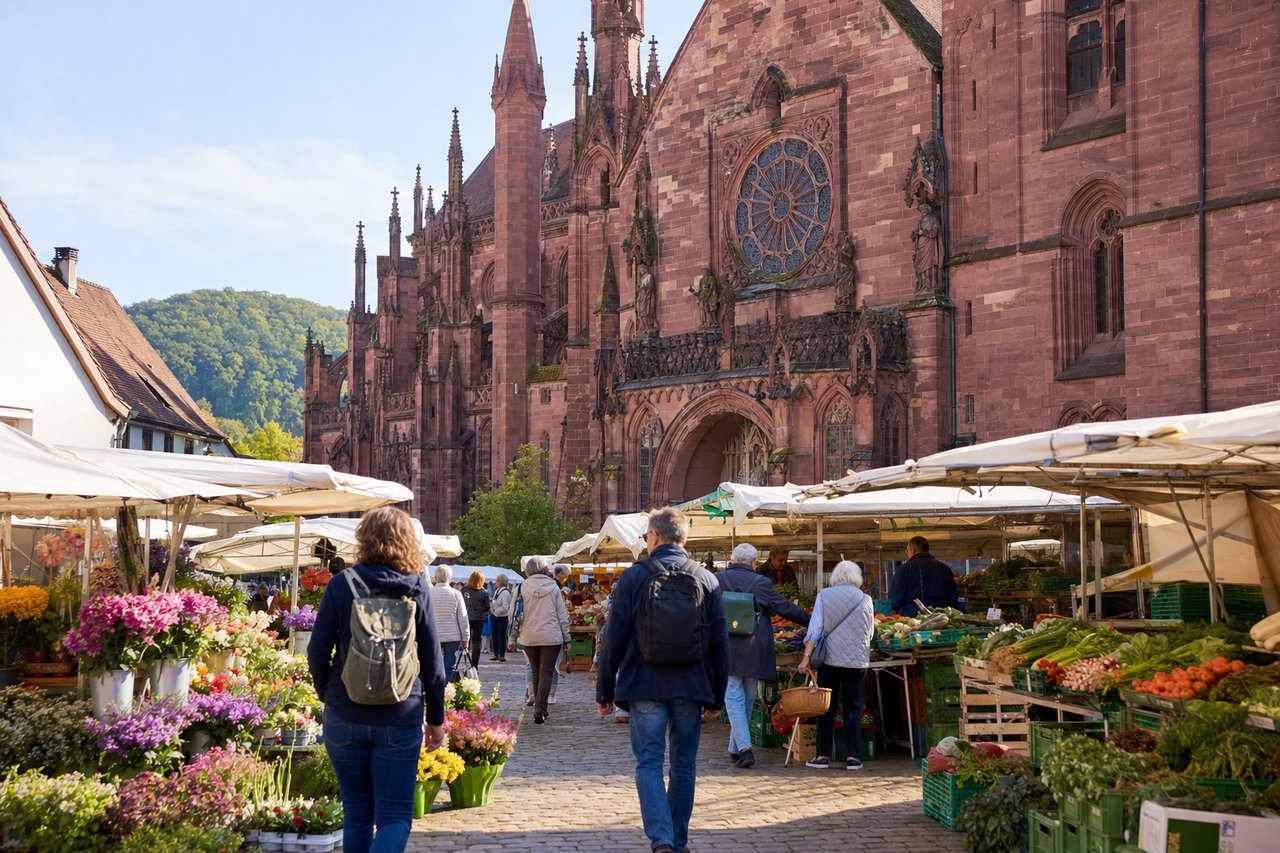 Wochenmarkt vor einem gotischen Sandsteinmünster am Morgen (mit AI erstelltes Bild)